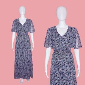 1960s-1970s BERKLEIGH JUNIORS. Floral FLUTTER Sleeve Maxi Dress. S-M. As Is